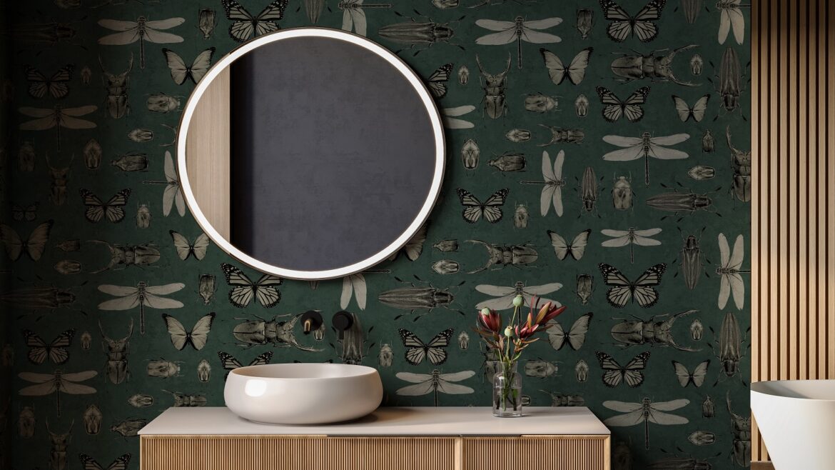 bathroom with Entomology wallpaper from Newmor