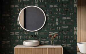 bathroom with Entomology wallpaper from Newmor