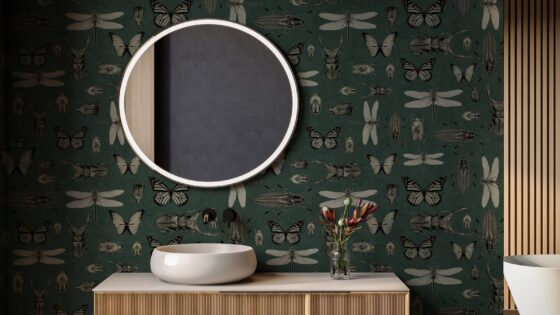 bathroom with Entomology wallpaper from Newmor
