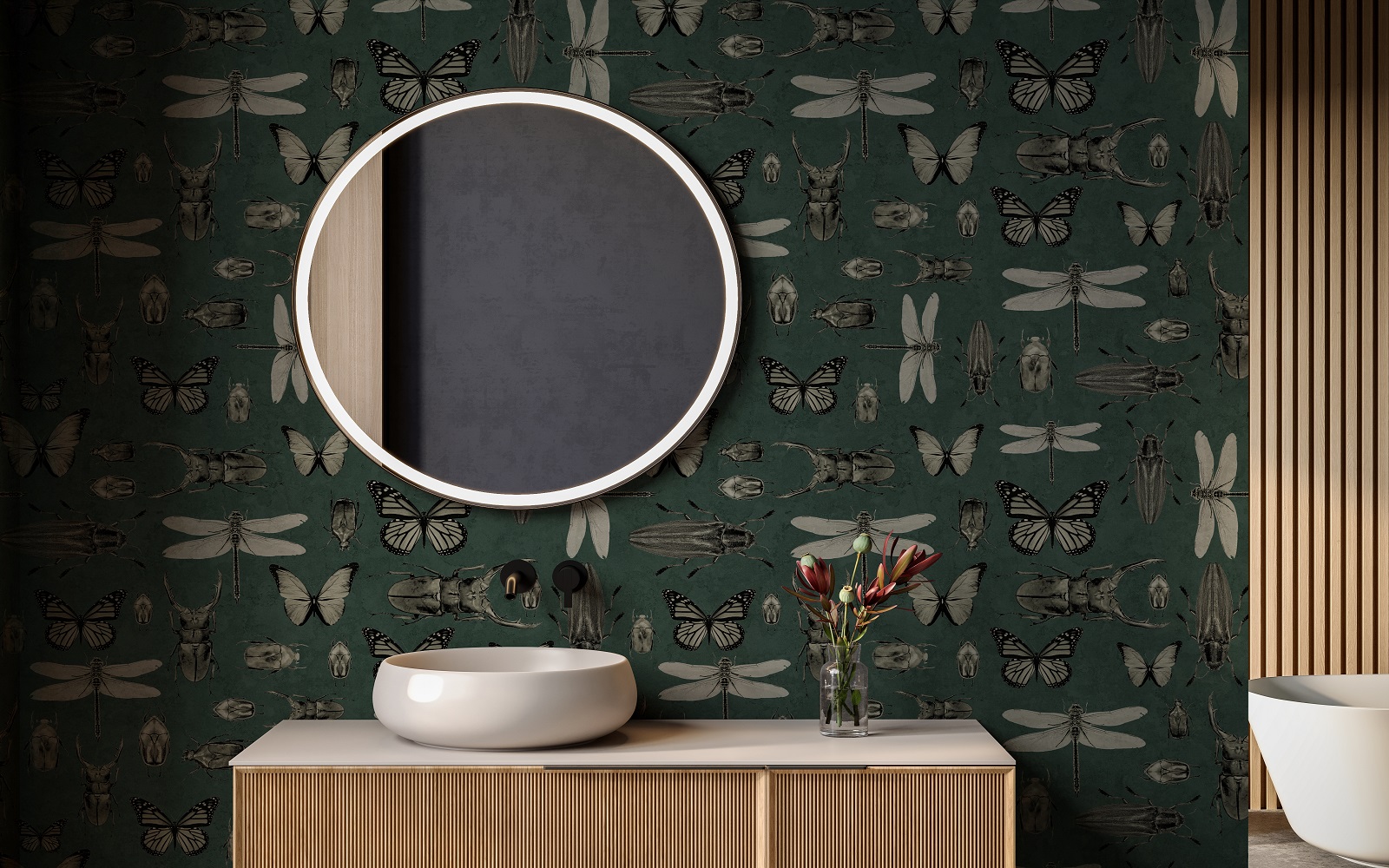 bathroom with Entomology wallpaper from Newmor