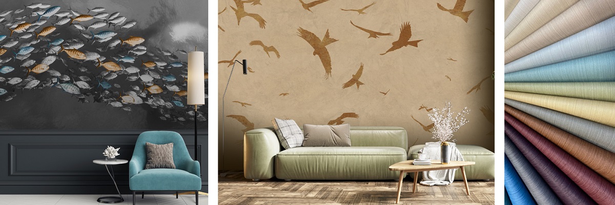 collage of roomsets and colour swatches from Newmor wallcovering collections