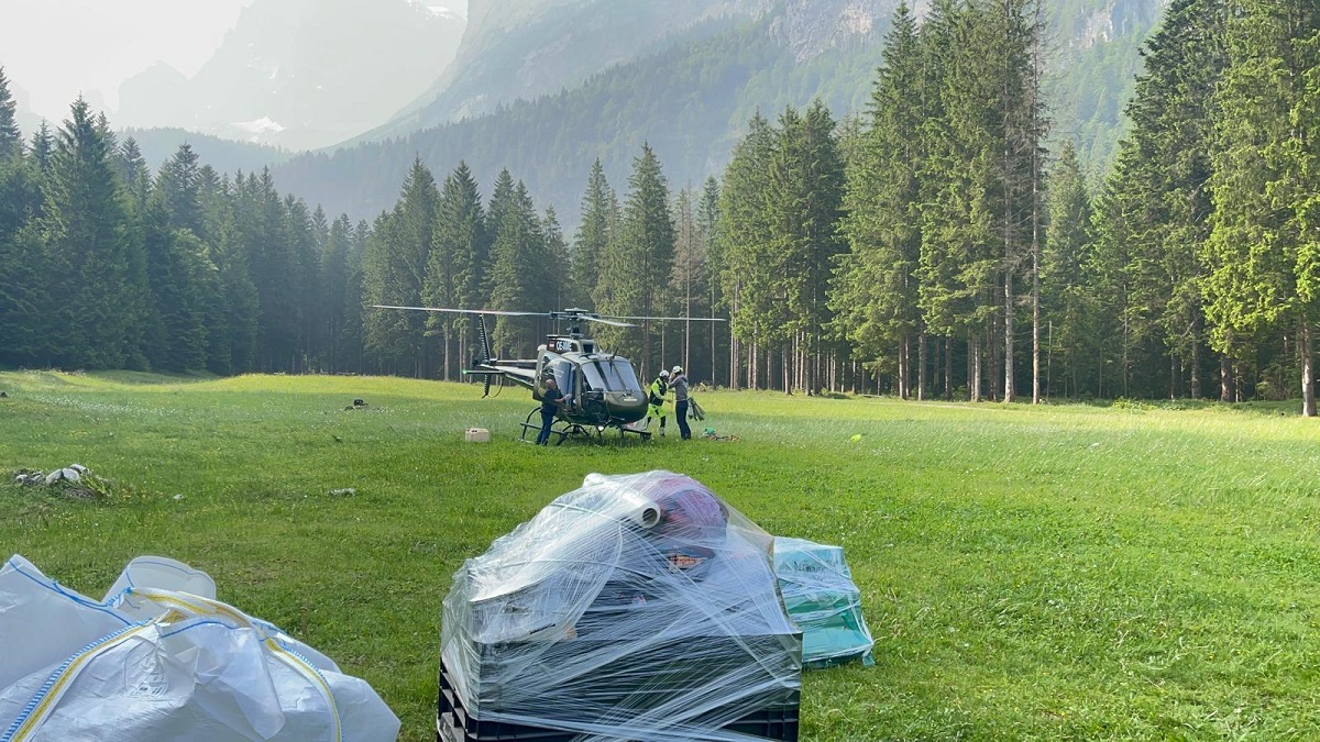 Transport of corian materials by helicopter to mountain cabin
