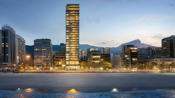 view from beach to Rio skyline with new four seasons hotel tower in centre