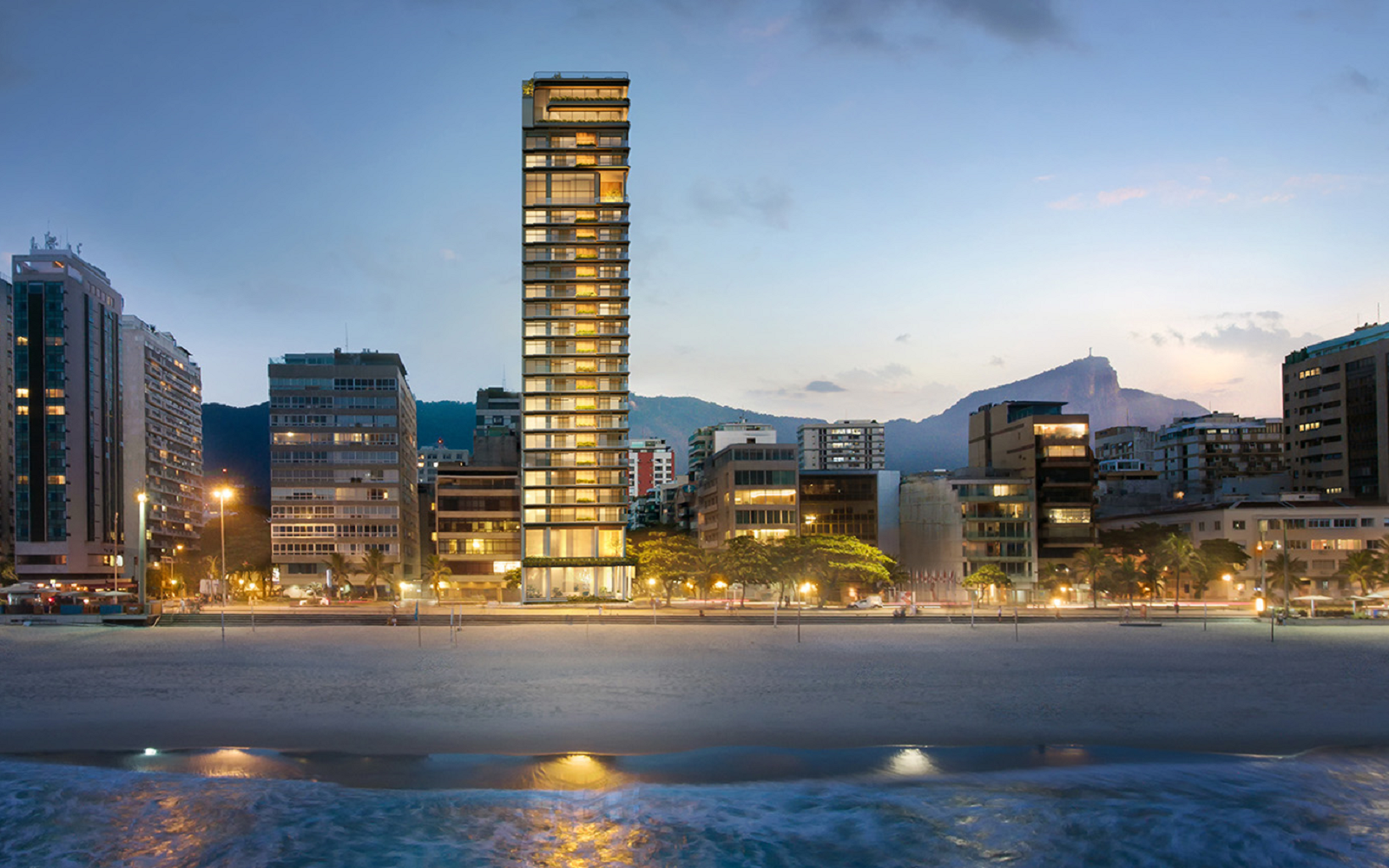 view from beach to Rio skyline with new four seasons hotel tower in centre