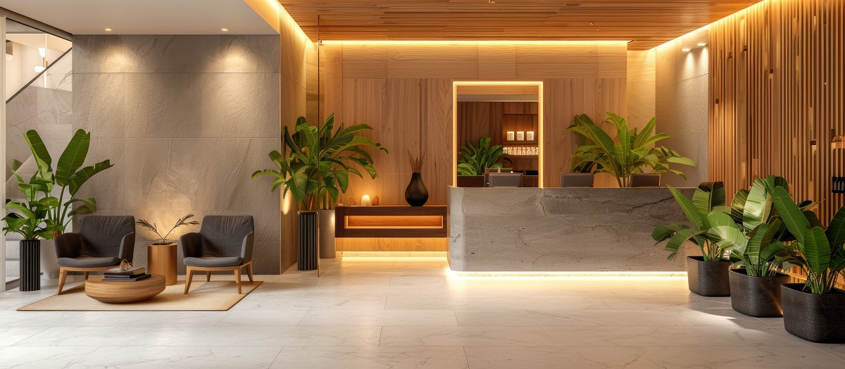 stone, wood and plants in hotel lobby with Velstone surfaces