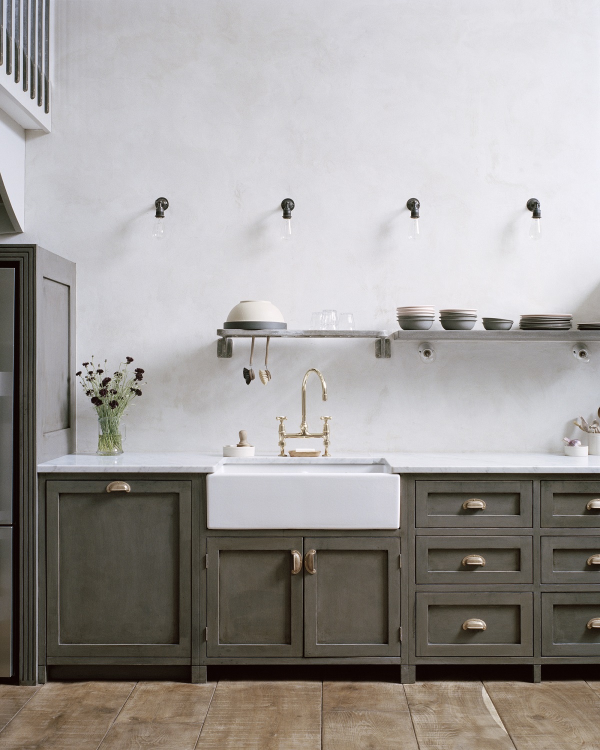 grey kitchen units with square Shaws handcrafted sink