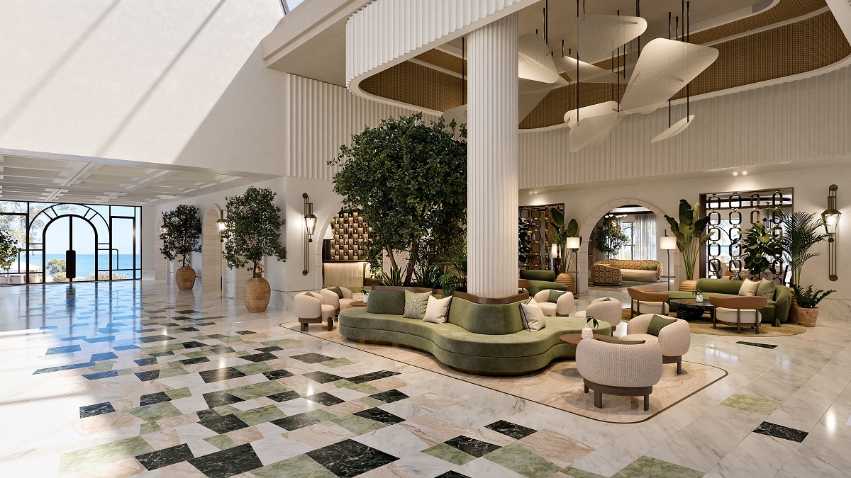lobby in conrad Corfu with marble floor and colonnade leading to views of sea