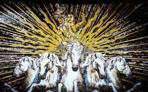 mosaic chariot and horses mosaic in L'Aventure hotel from Beaumarly