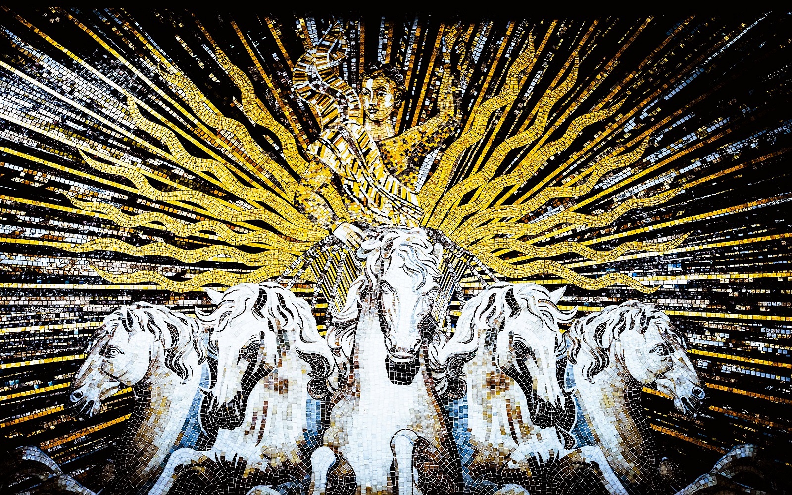 mosaic chariot and horses mosaic in L'Aventure hotel from Beaumarly