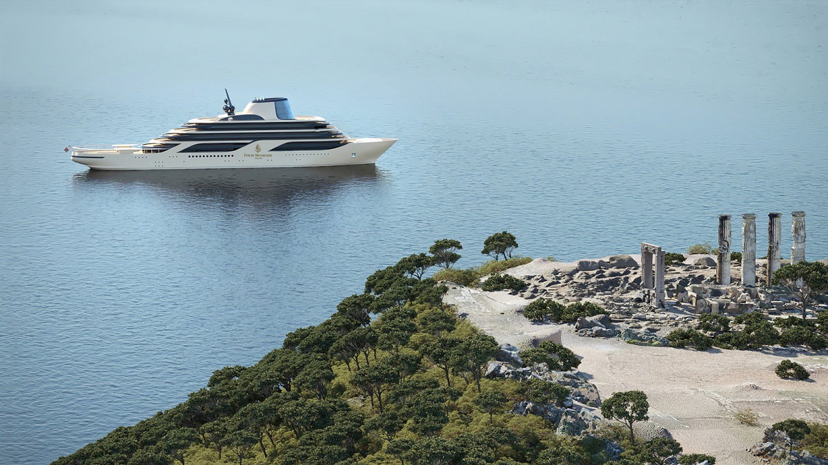 Four Seasons yacht anchored alongside ancient Greek ruins