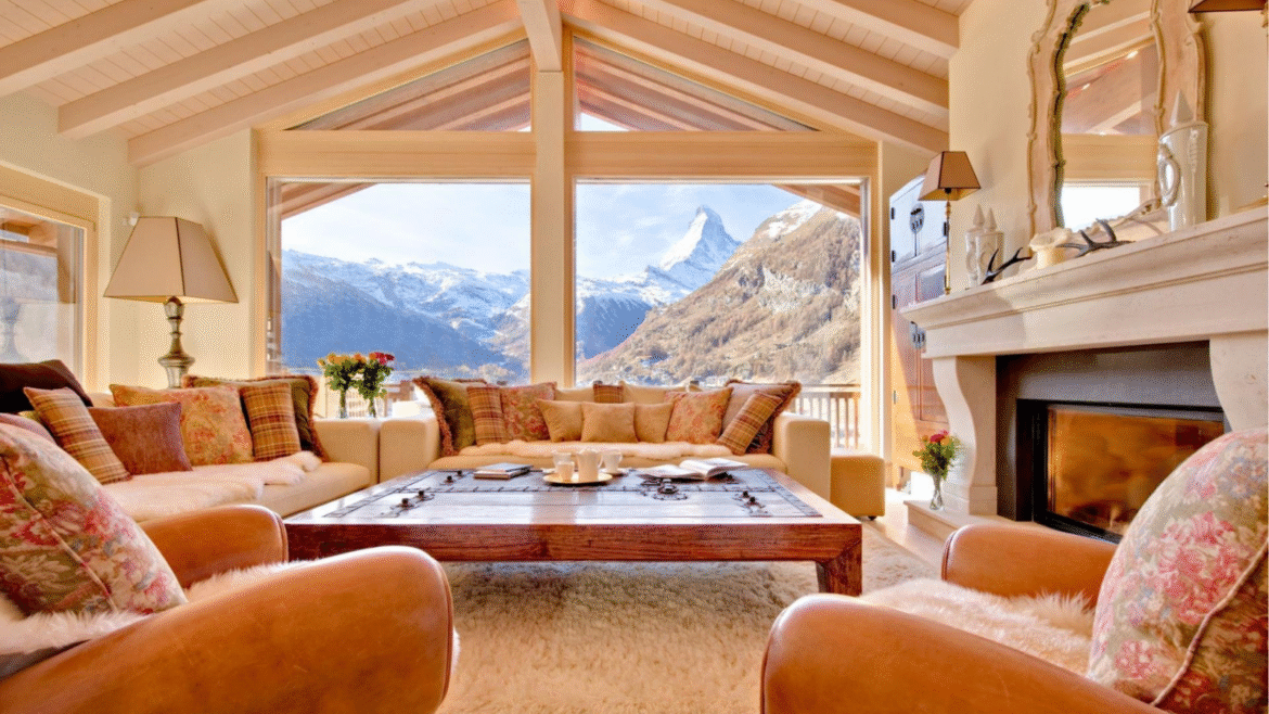 luxury chalet or luxury hotel with large window and mountain view