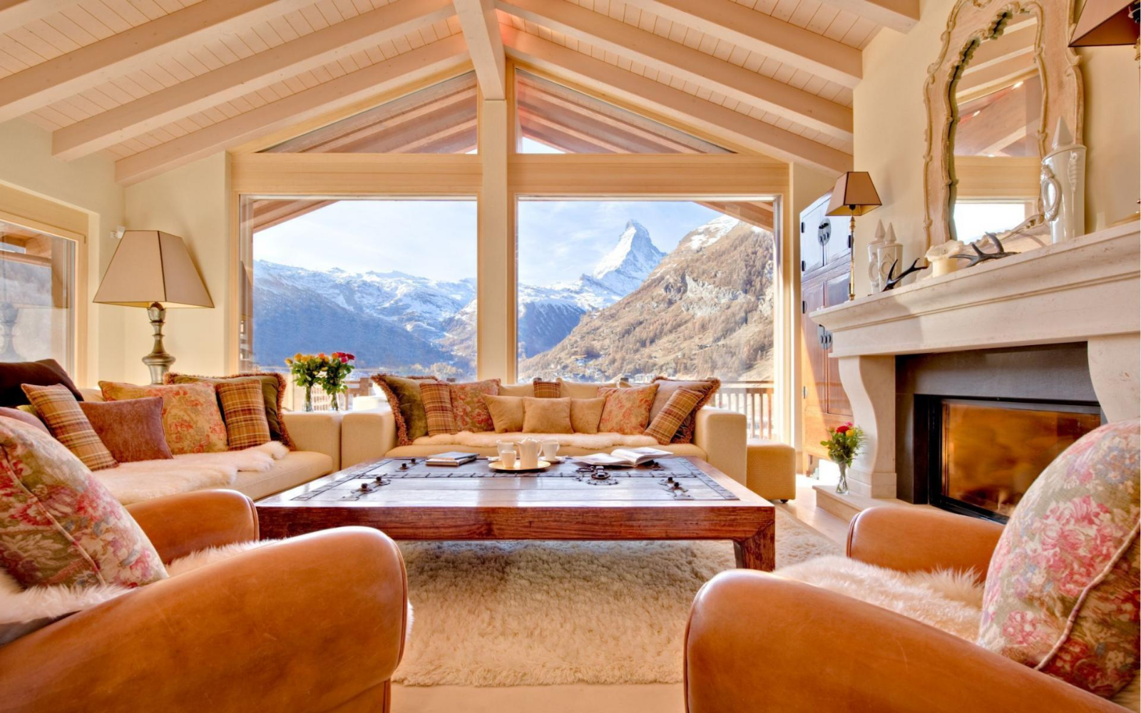 luxury chalet or luxury hotel with large window and mountain view