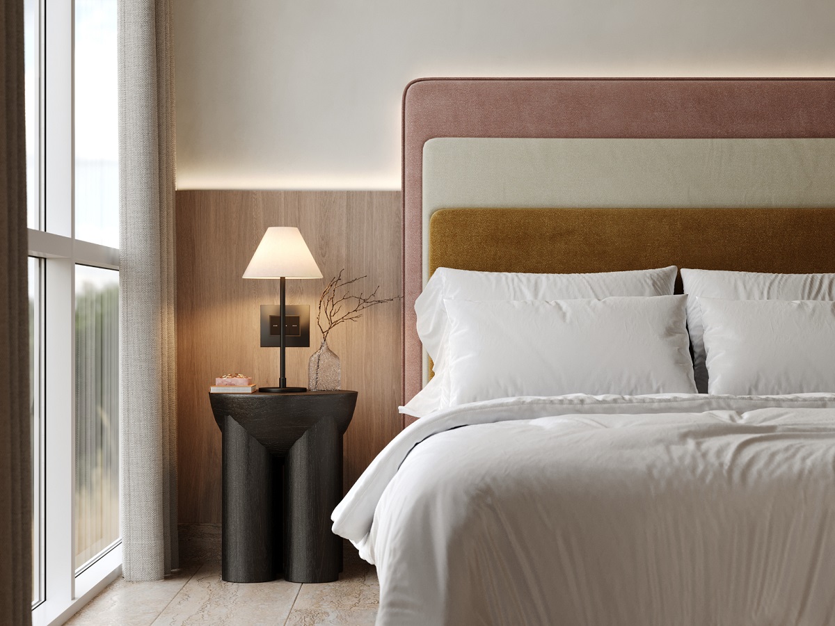 headboard, bed and bedside table detail in guestroom hyde Mexico