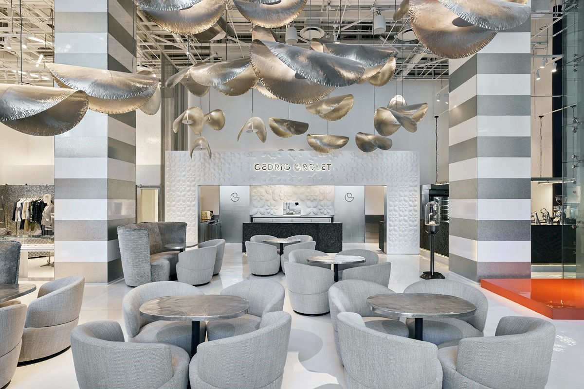 silver, grey and white interior at patisserie Cédric Grolet COMO