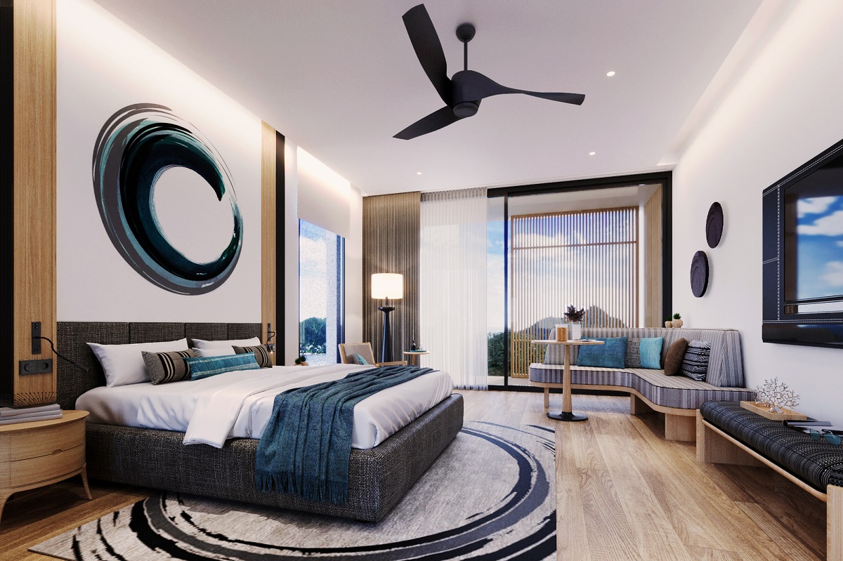 guestroom with bold painting and black ceiling fan