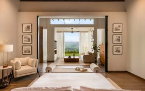 view from bed, through doors onto terrace at Uga Ghiri, in Sri Lanka’s central highlands region