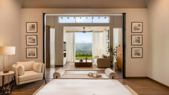 view from bed, through doors onto terrace at Uga Ghiri, in Sri Lanka’s central highlands region