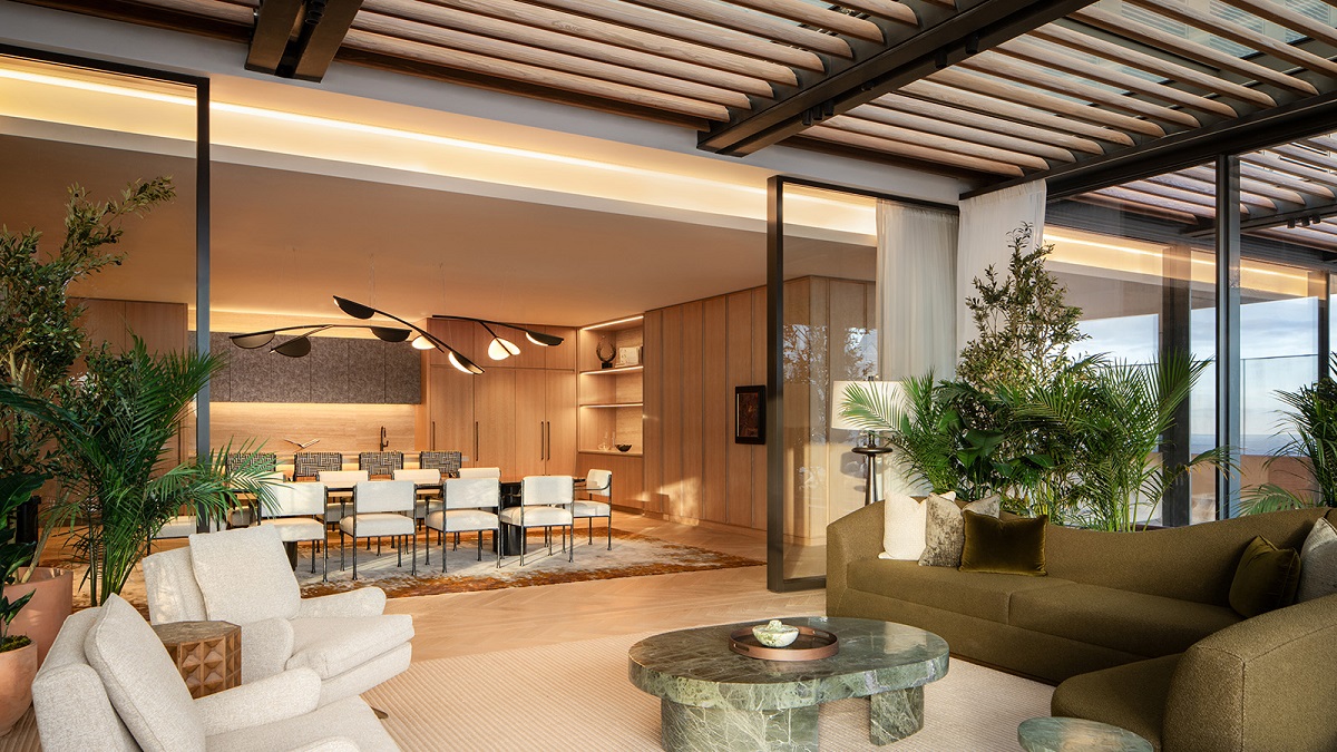 view from terrace into the lounge and dining area of The Sky Garden, Four Seasons Philadelphia