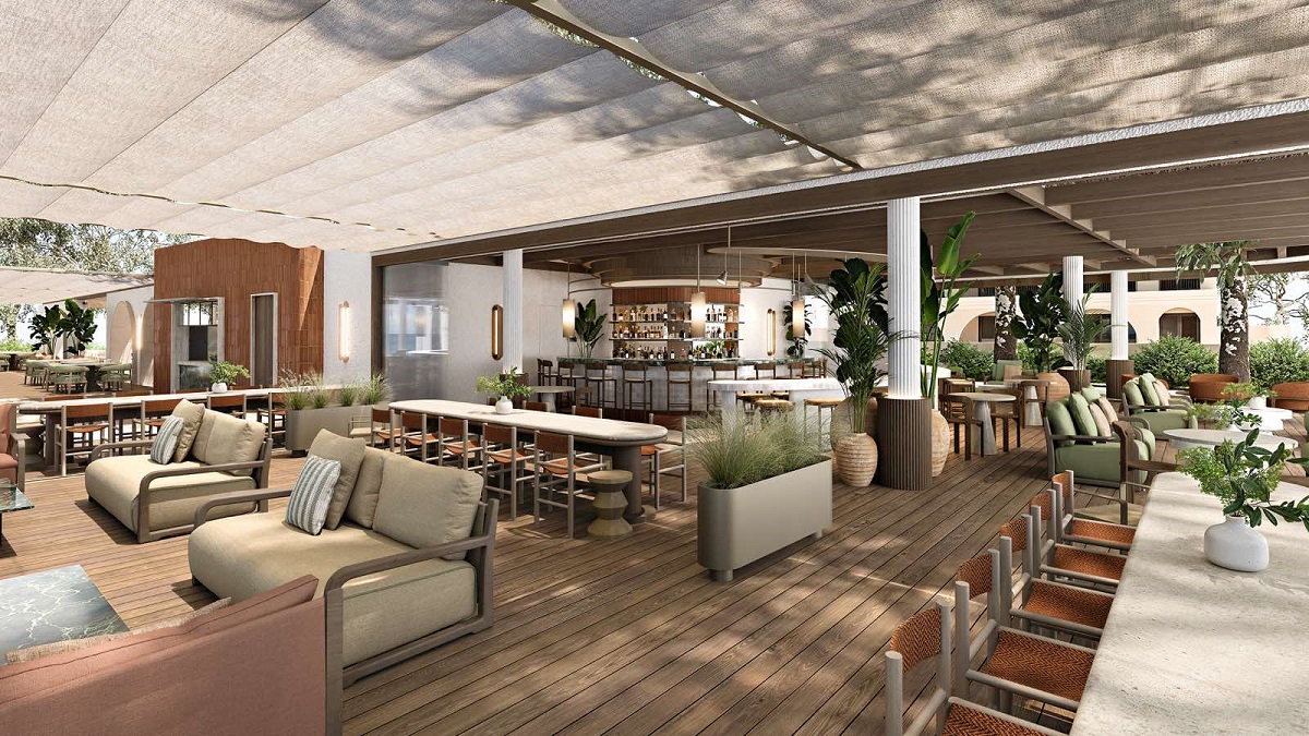 outdoor restaurant, seating and beach bar under canvas at Conrad Corfu