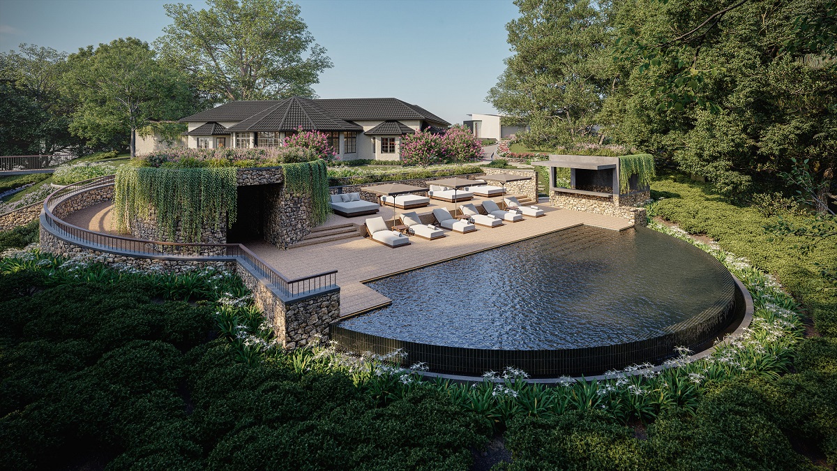 horseshoe shaped swimming pool in front of Uga Ghiri resort