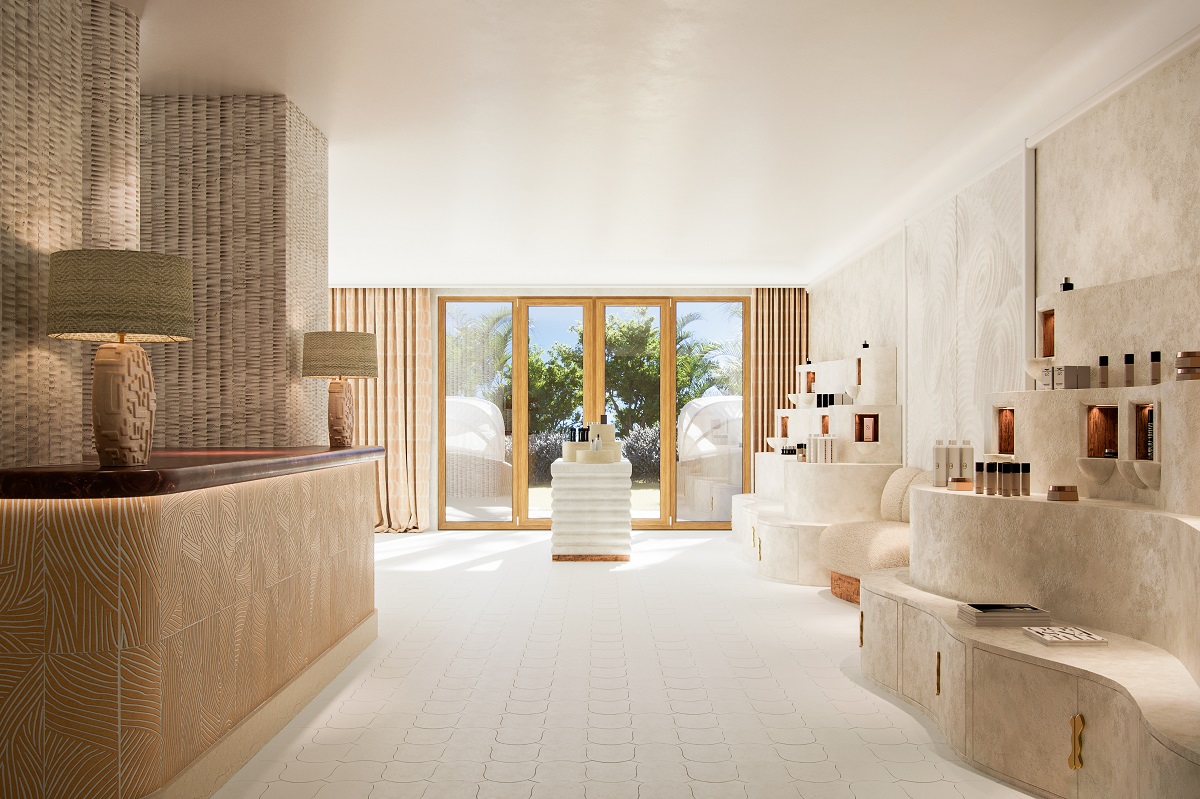 white and cream and stone interior of lobby to spa at Punta Negra