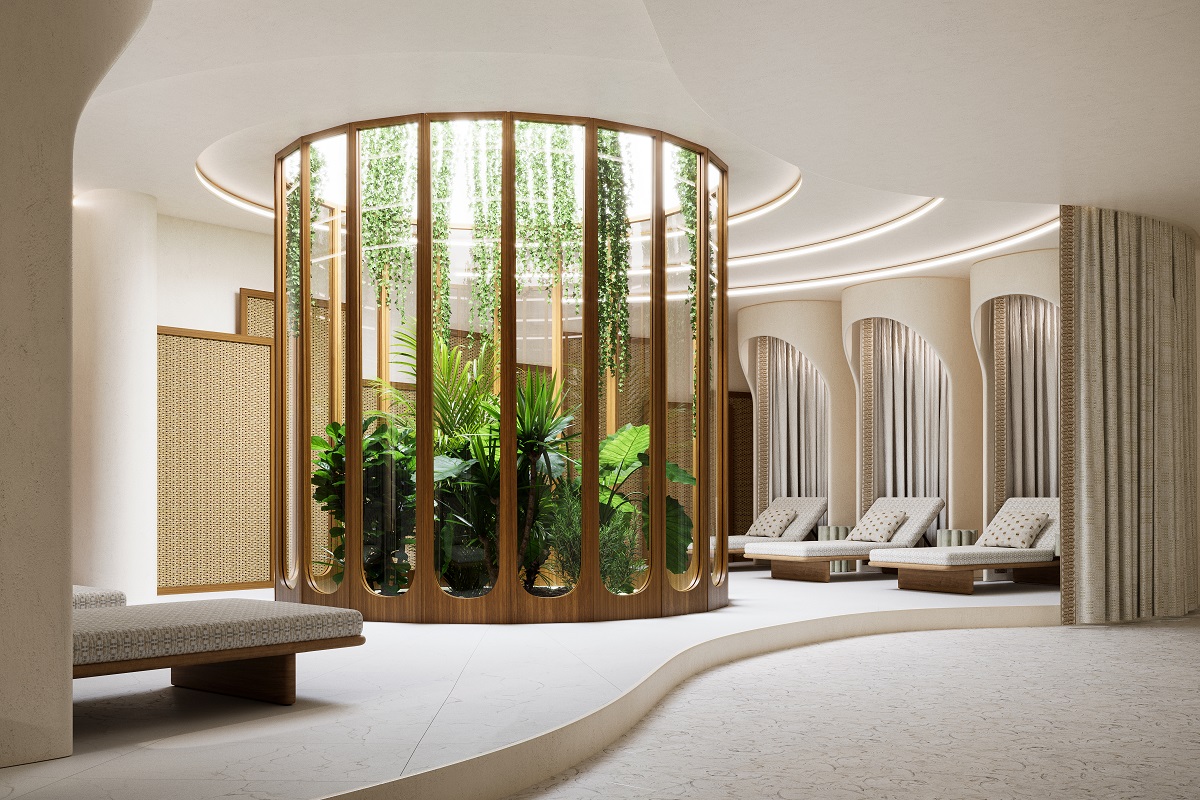 spa room with plant filled central atrium