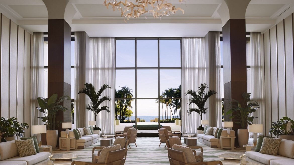 otel lobby with chairs and palm trees in Ritz-Carlton-Key-Biscayne