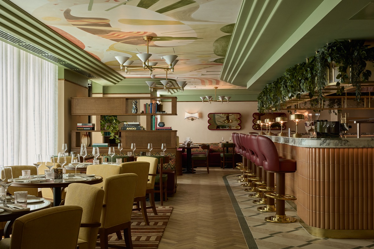 The Idler restaurant in The July London with painted mural on ceiling 