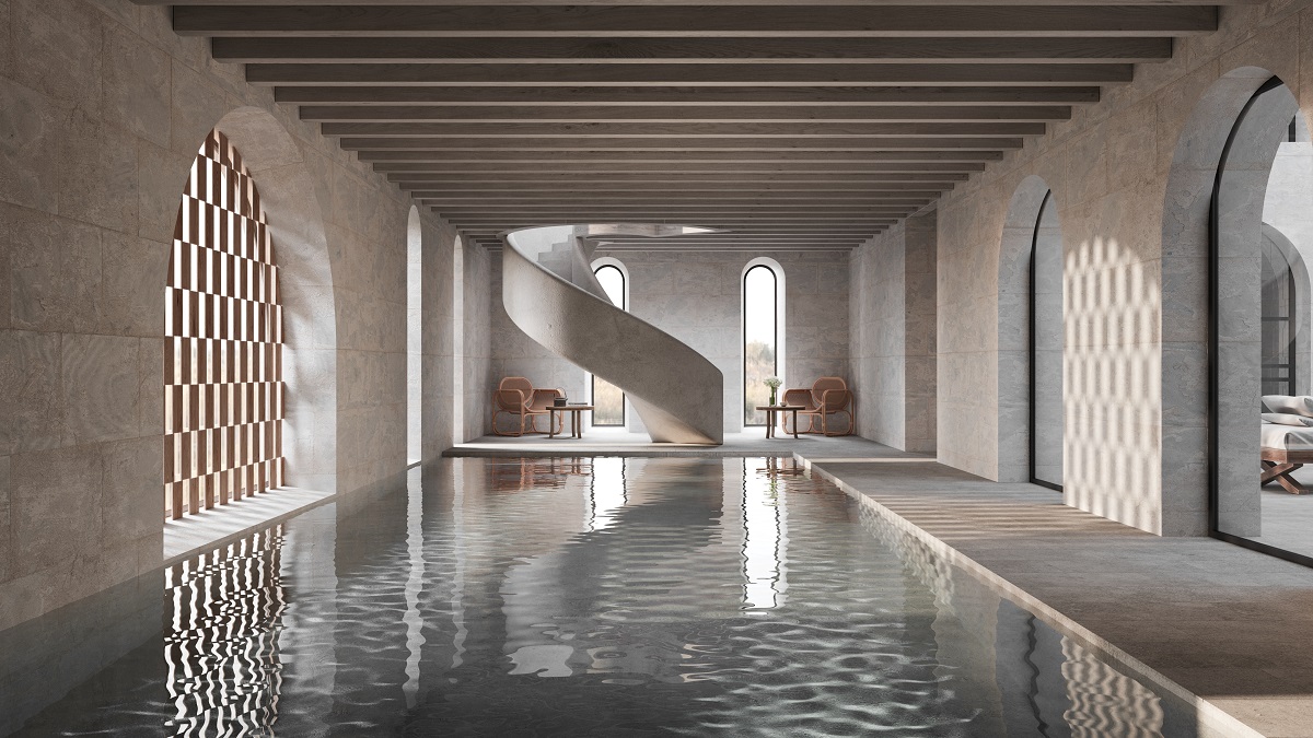 indoor pool and spa with curved staircase Zannier Île de Bendor