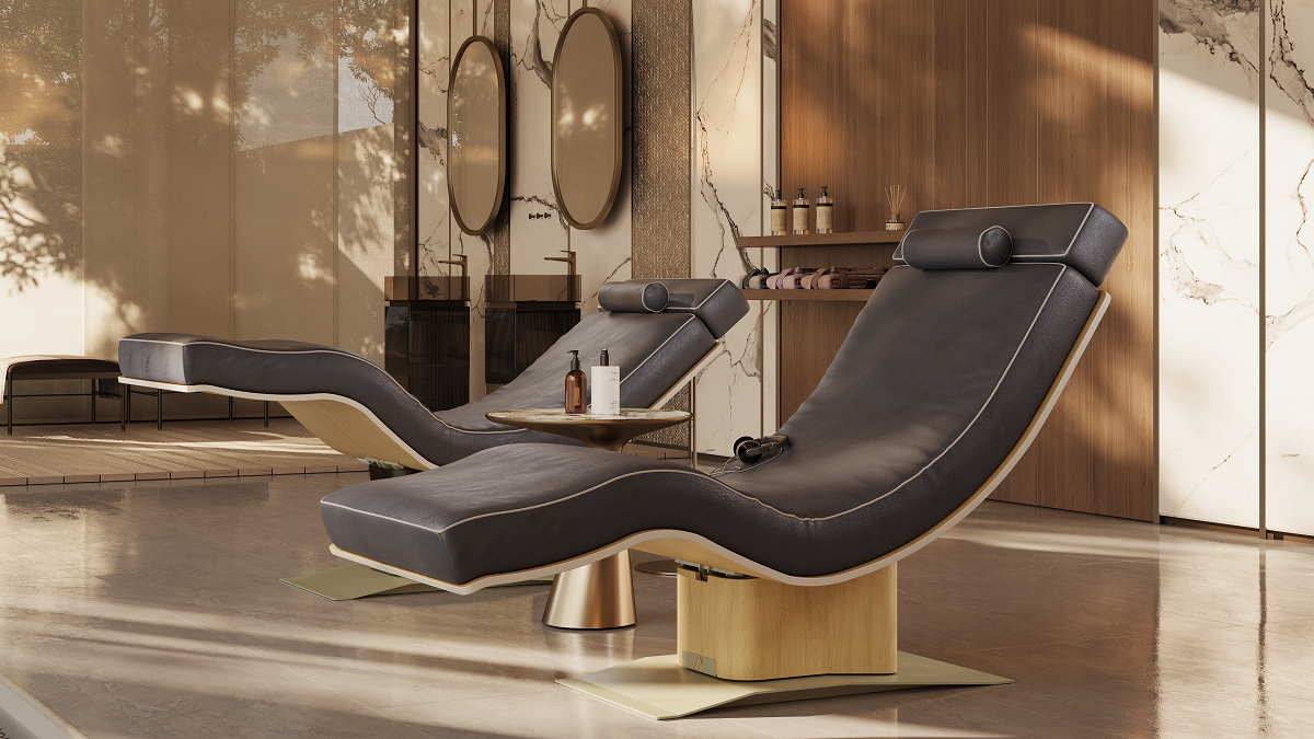spa treatment chair in black with blond wood finish