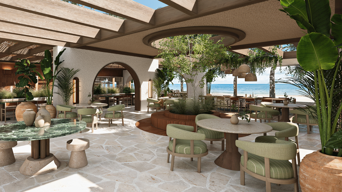 beach bar in Conrad Corfu with olive tree and sea view