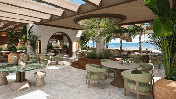 beach bar in Conrad Corfu with olive tree and sea view