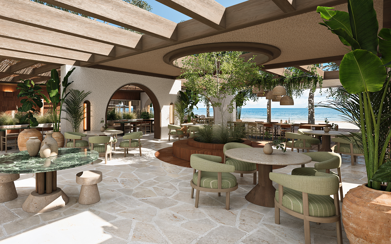 beach bar in Conrad Corfu with olive tree and sea view