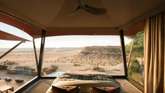 view across canyon from luxury tent at Six Senses Camp Korongo resort and residential community