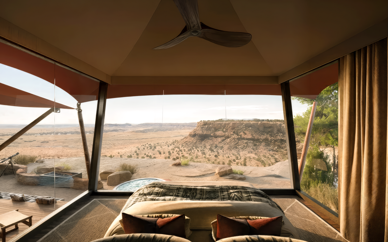 view across canyon from luxury tent at Six Senses Camp Korongo resort and residential community