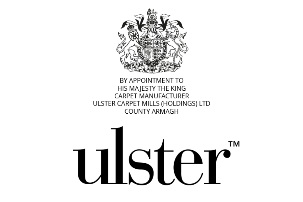 Ulster Carpet logo in black with royal warrant logo