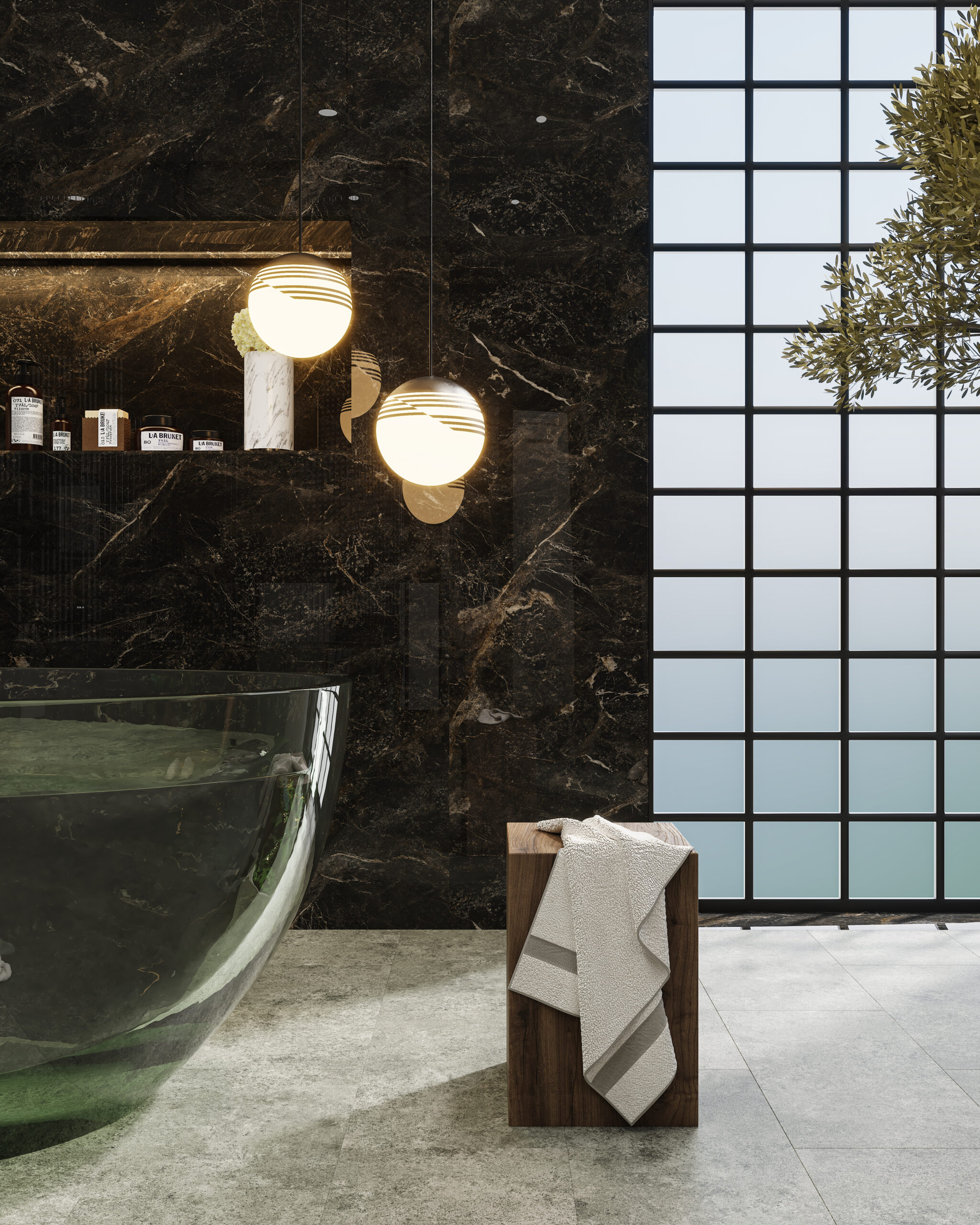 STEP GUARD fast panel surface in dark marble in hotel bathroom design