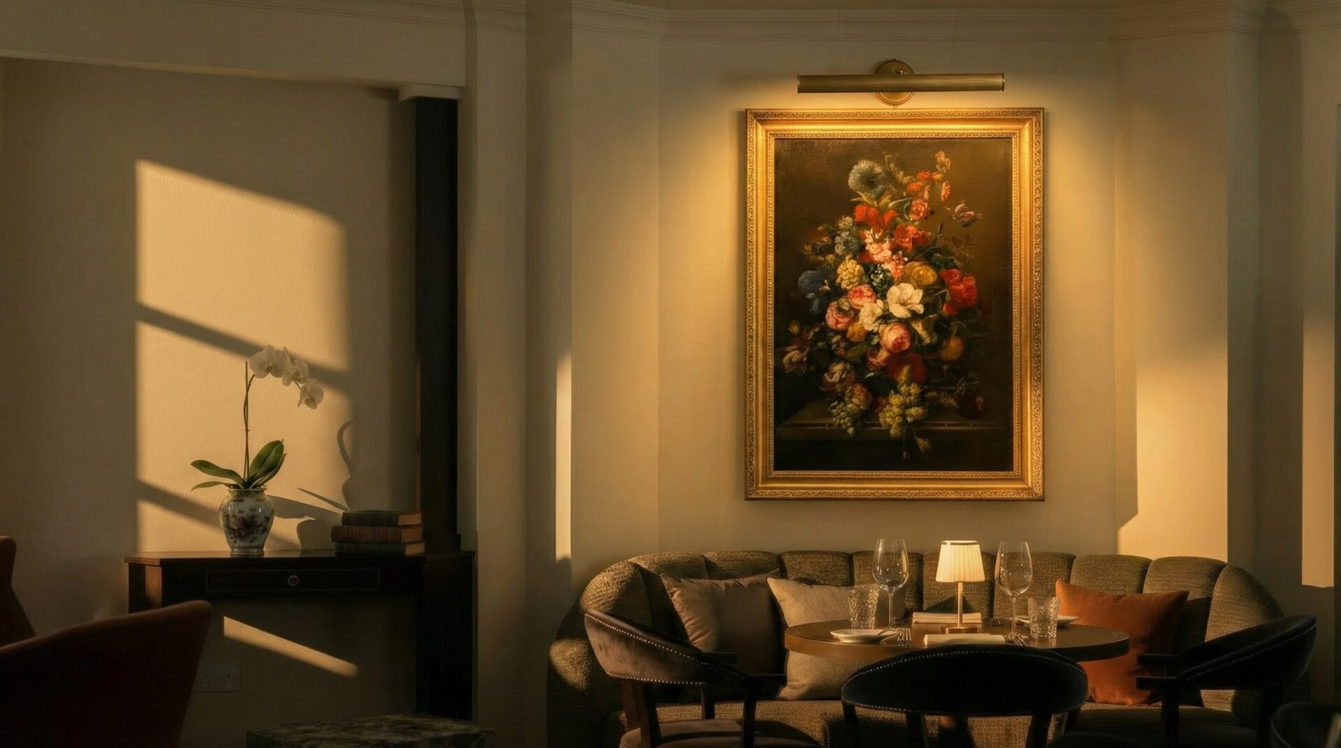 Mullan Lighting Cambridge wall light illuminating a floral oil painting on a wall above a sofa