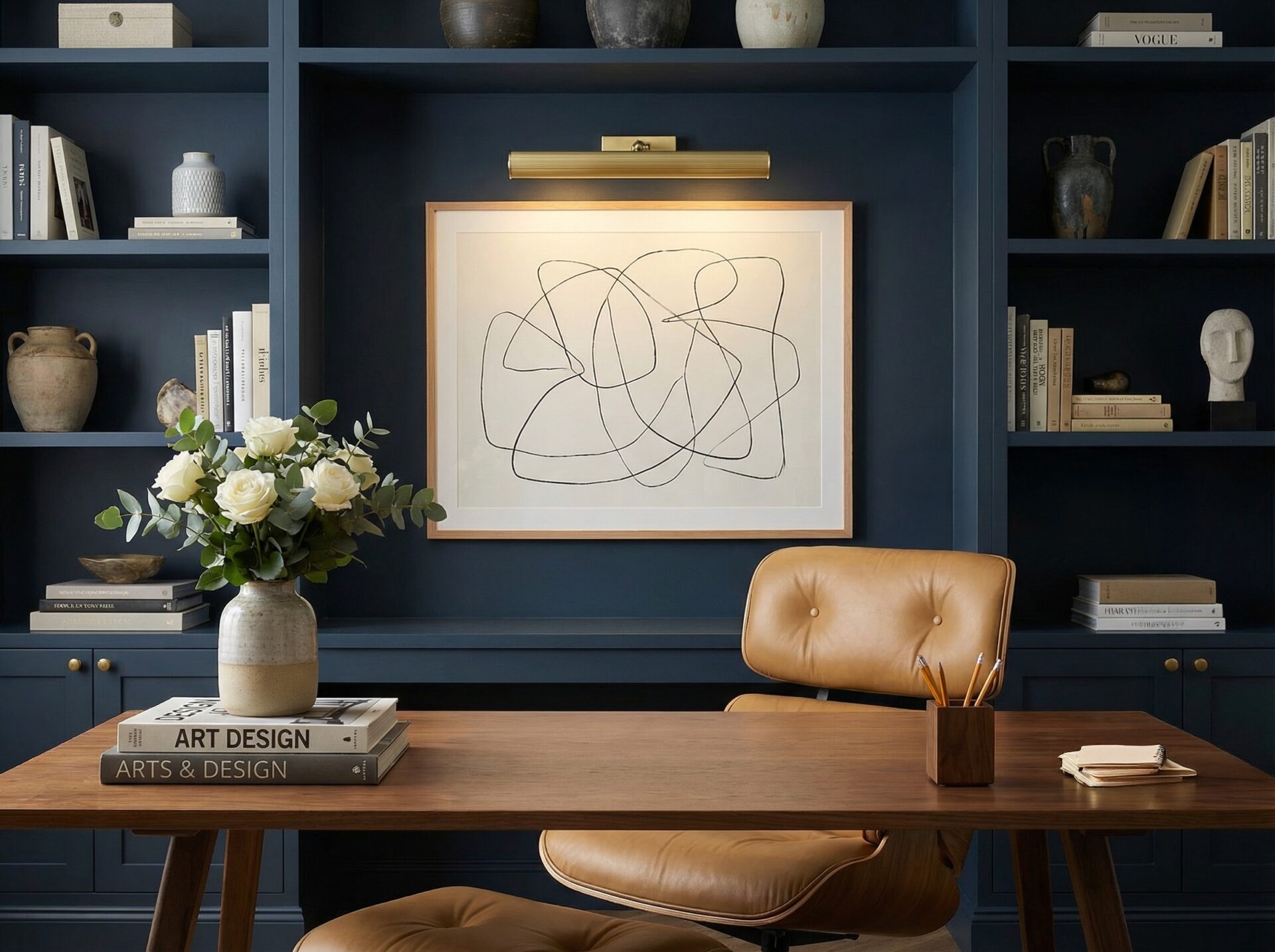 Mullan Lighting Cambridge adjustable picture light in brass, above graphic art in navy blue office