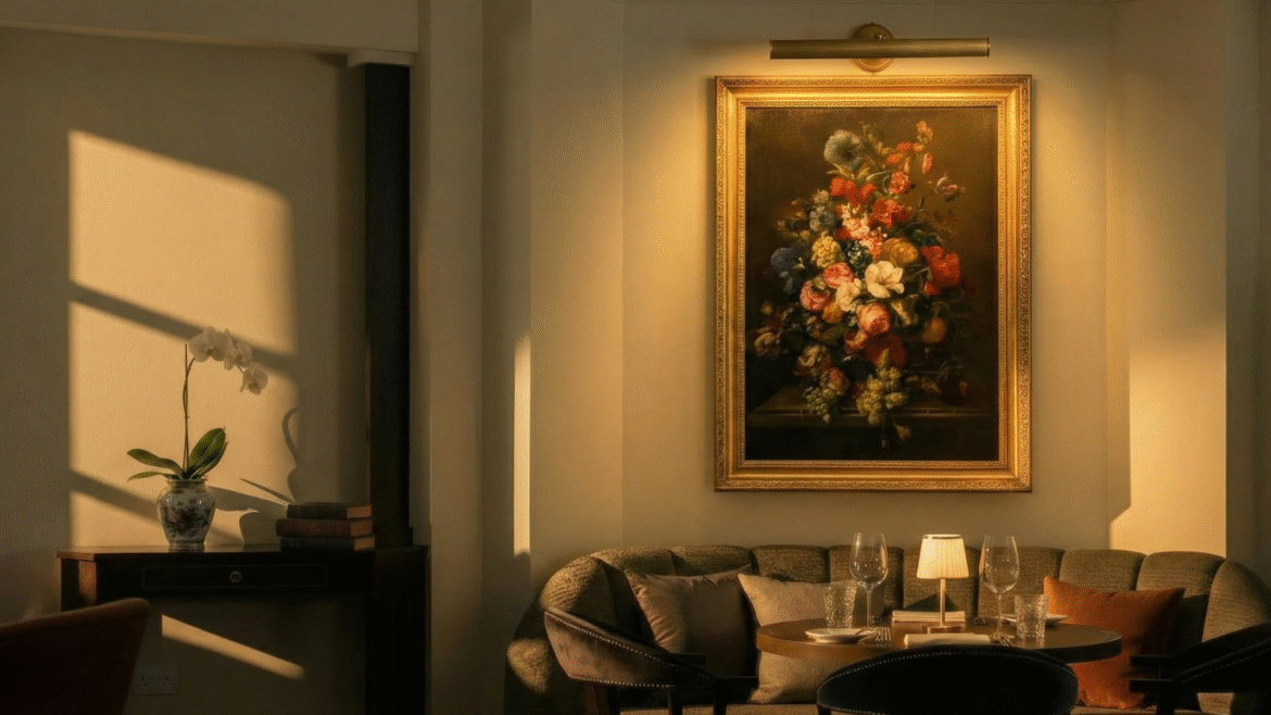 Mullan Lighting Cambridge wall light illuminating a floral oil painting on a wall above a sofa