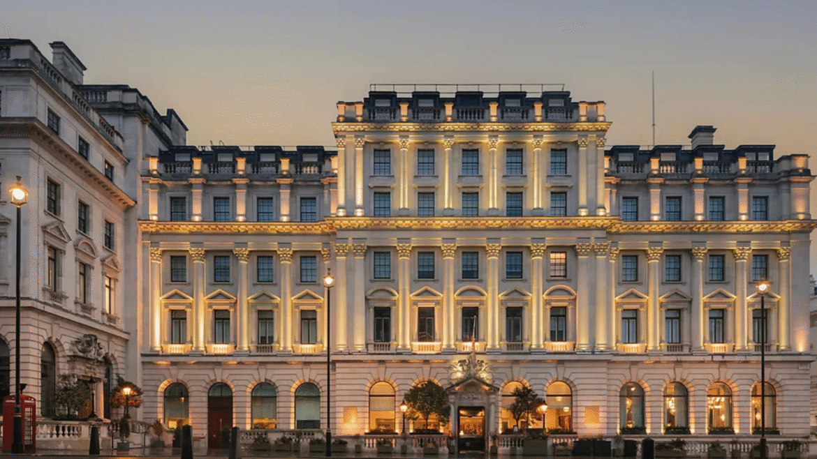 Sofitel London St James exterior at dusk, with warm yellow lights