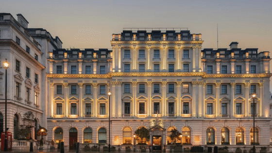 Sofitel London St James exterior at dusk, with warm yellow lights