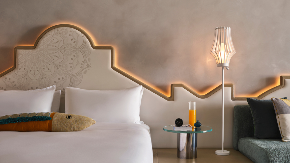 Backlit geometric shaped headboard at W Algarve designed by AB Concept