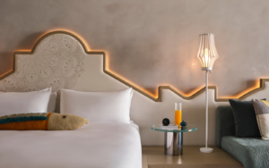 Backlit geometric shaped headboard at W Algarve designed by AB Concept