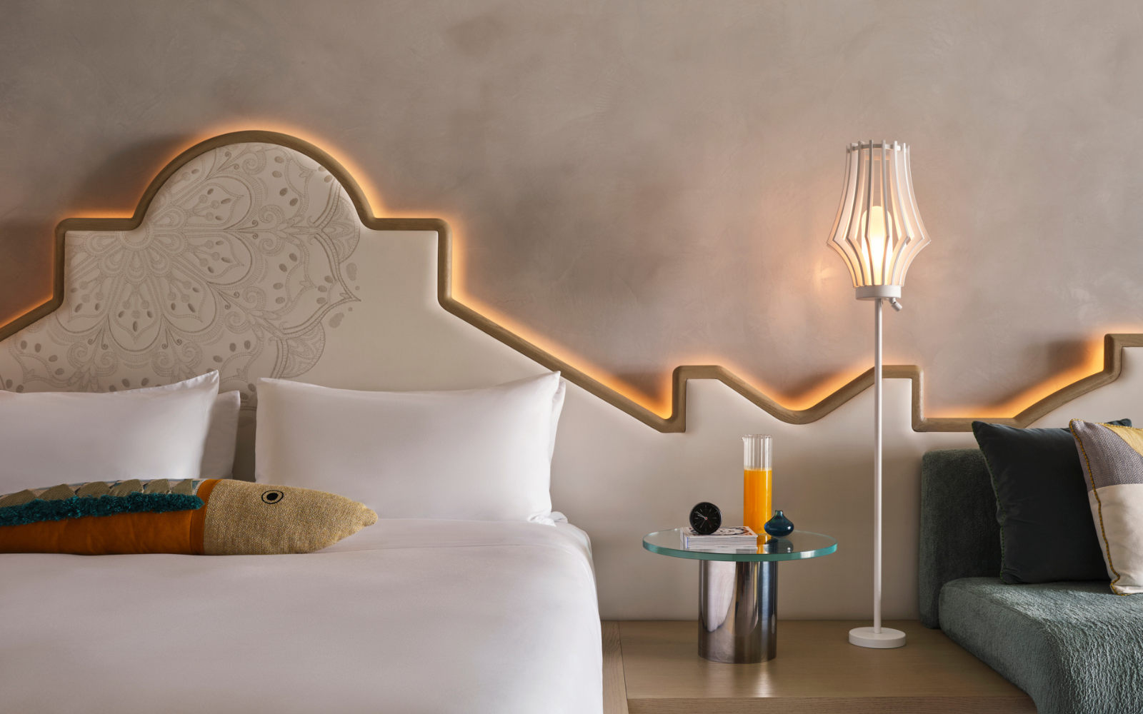 Backlit geometric shaped headboard at W Algarve designed by AB Concept