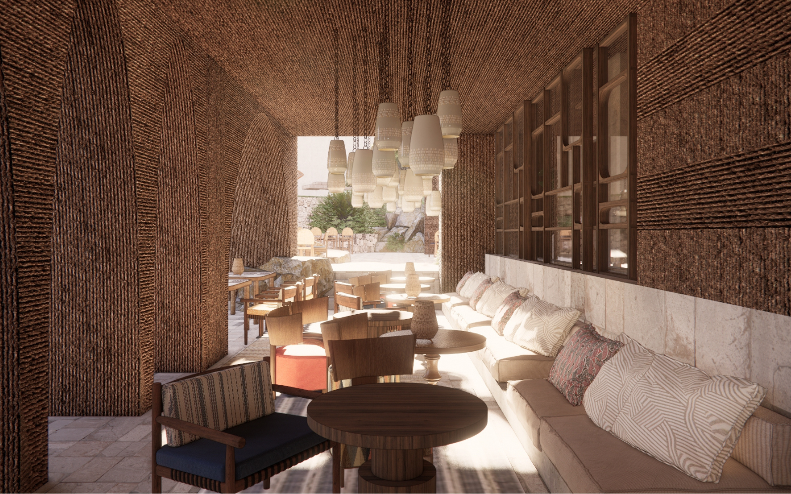 Indoor-outdoor lounge area at Nomade Temple Ibiza