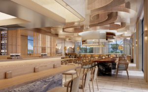 Render of restaurant space at The St Regis Papagayo Resort in Costa Rica, with pale wood