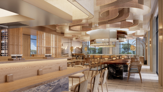 Render of restaurant space at The St Regis Papagayo Resort in Costa Rica, with pale wood