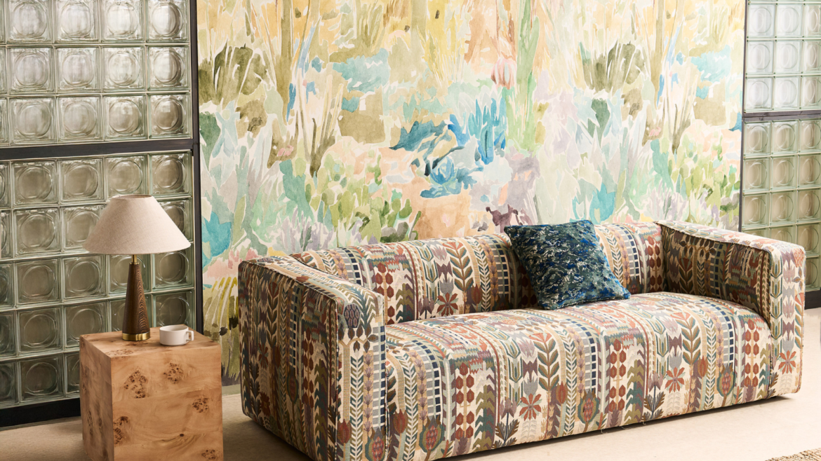 Sanderson Design Group Harlequin Zamora fabric on sofa