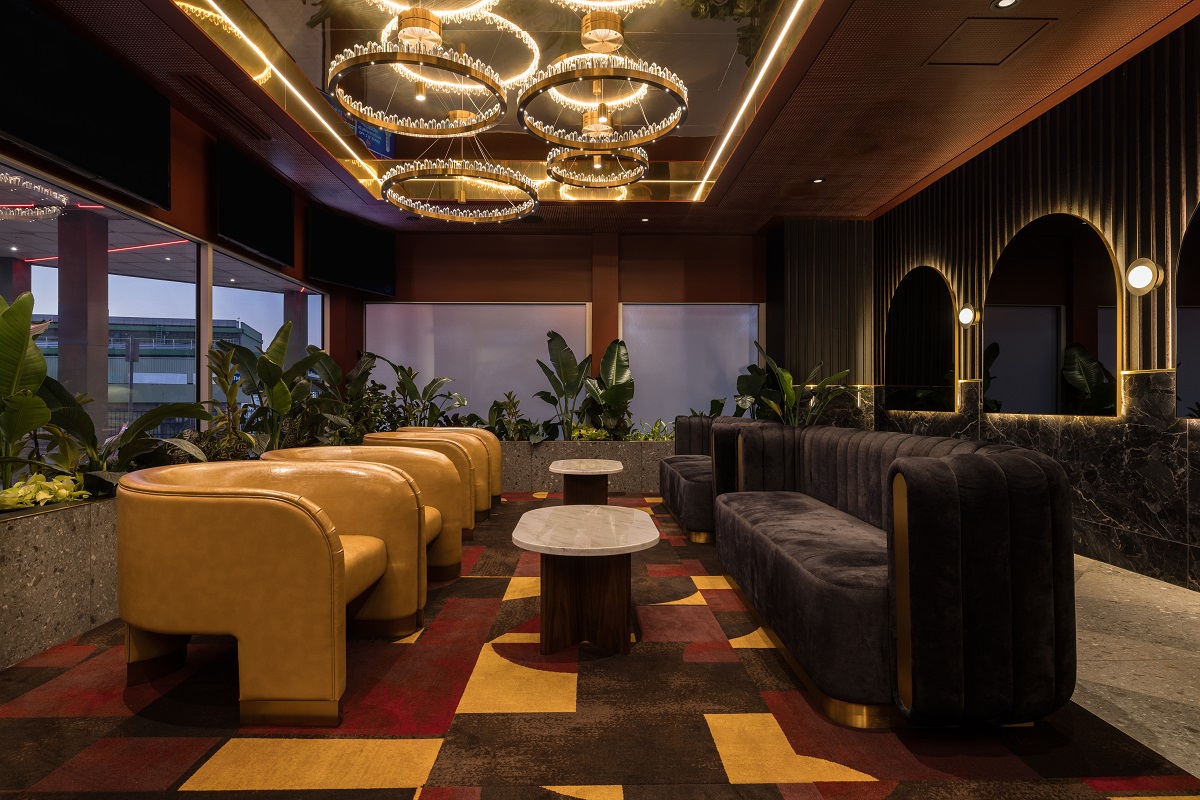 cream chairs on patterned modieus carpet in MarketsClub